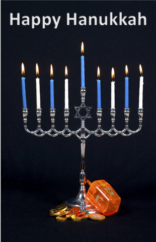 Hanukiah, dreidel, and gelt